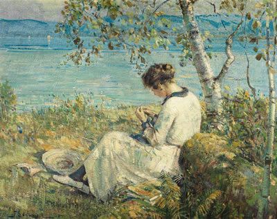 Franklin (Peleg Franklin) Brownell : Sewing under the trees