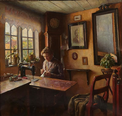 Bertel Hansen-Svaneke : A cottage interior with a woman seated with her sewing machine