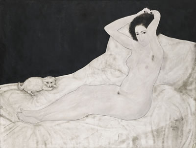 Tsuguharu Foujita : Nu sur un lit, avec un chien (Reclining Nude with A Small Dog)