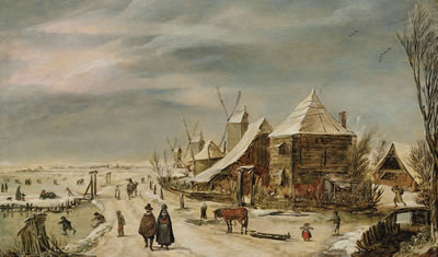 Esaias Van de Velde I : A winter landscape with a farmhouse, windmills and figures