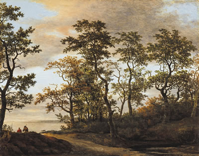 Cornelis Hendriksz Vroom : A wooded landscape with travelers