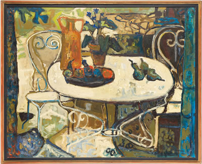 Raymond Guerrier : Still life of chairs and table with flowers and fruit