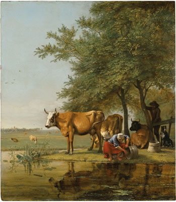 Paulus Potter : Landscape with cattle and a woman cleaning a bucket by a stream