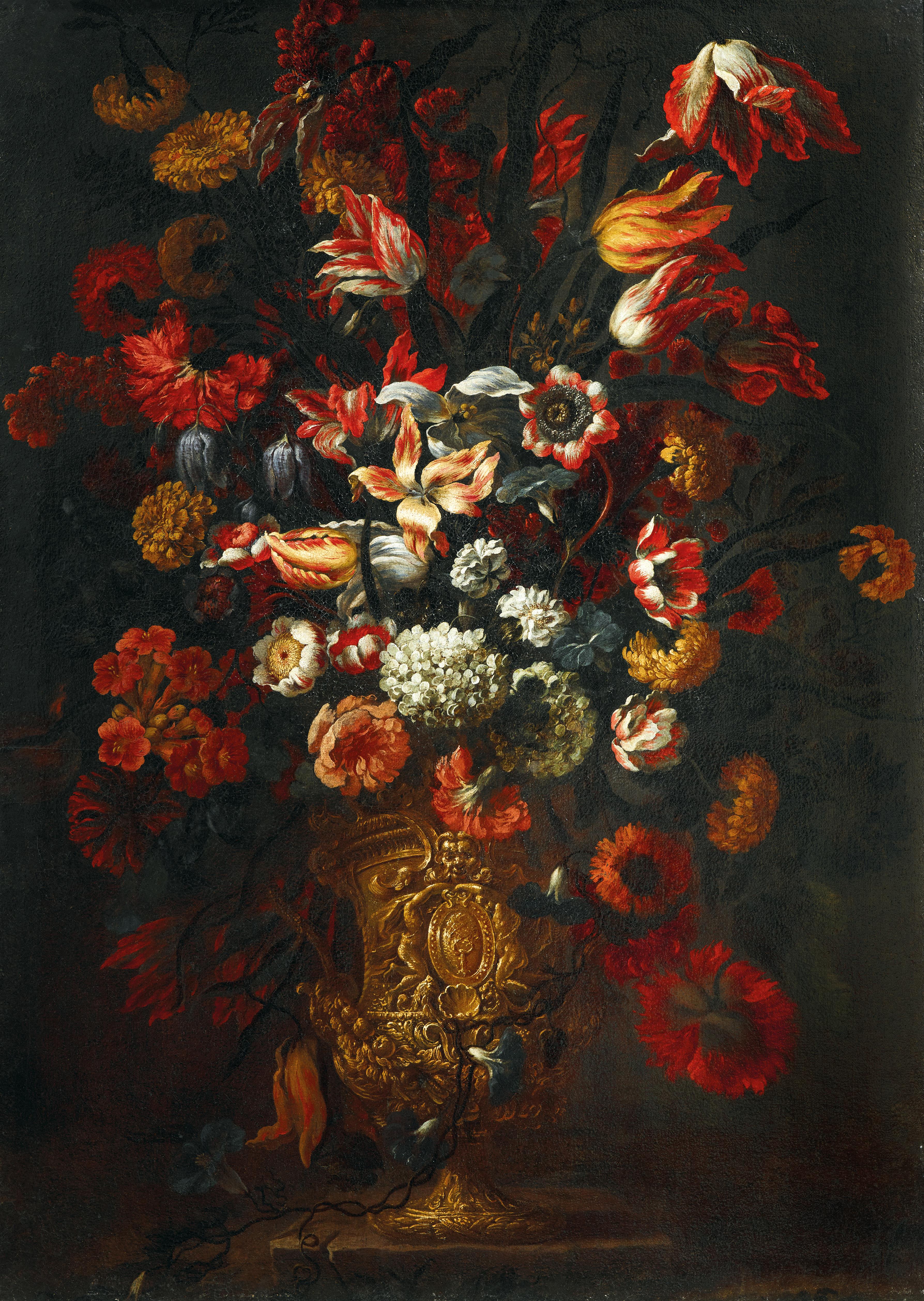 Andrea Scacciati : Tulips, carnations and other flowers in an urn on a ledge, with the coat-of-arms of the Della Rovere family on the vase