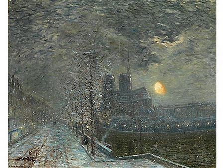 Emile René Lafont : NOTRE DAME IN PARIS AN EINEM VERSCHNEITEN WINTERABEND