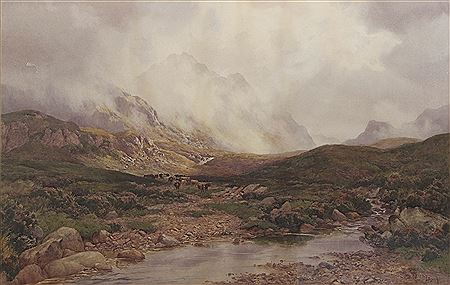 Percy Dixon : Extensive mountain landscape with cattle