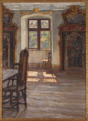 Eugen Wolff : Sunlight pouring through an open window on a still-life interior scene of Schloss Filseck