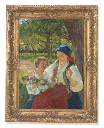 Wincenty Wodzinowsky : Sunny summer landscape with a boy presenting his mother with a flower