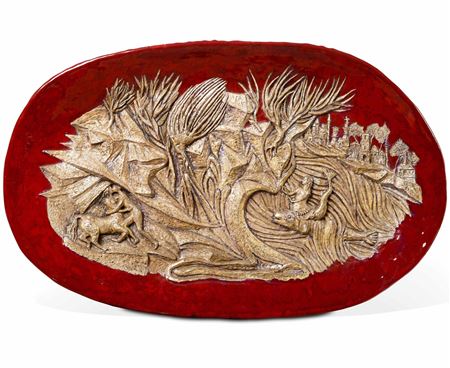 Pietro Melandri : Large oval plate in majolica terracotta with allegorical scene in relief on a red enamel background