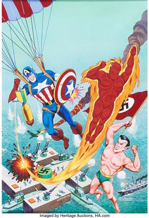 Alex Schomburg : Alex Schomburg Overstreet Comic Book Price Guide #10 Cover Captain America, the Human Torch, and the Sub-Mariner Original Art (Overstreet, 1980)