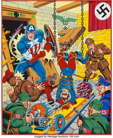 Alex Schomburg : USA Comics #6 Cover Re-Creation Painting Captain America and Bucky Original Art (1982)