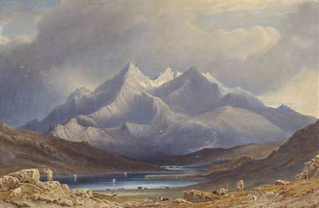 George Fennel Robson : Scene on the Isle of Skye with hunters and dogs