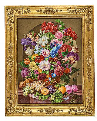 Joseph Nigg : Large representative porcelain picture with rich flower and fruit painting