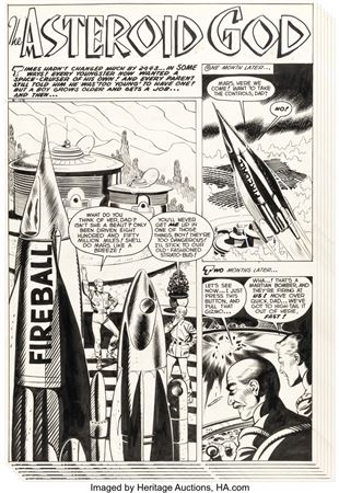 John Celardo : John Celardo Fantastic Worlds #7 Complete 6-Page Story 'The Asteroid God' Original Art (Pines, 1953)