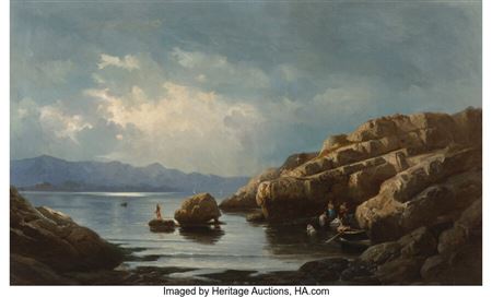 Auguste Martin : Paysans à un bord de mer rocheux