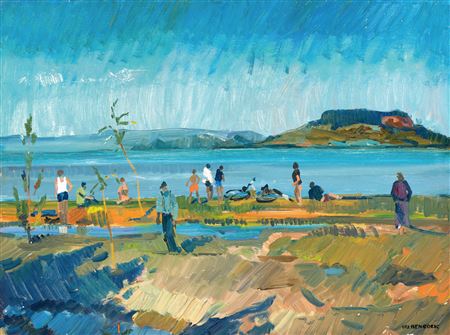 Jeno Benedek : Summer Mood by Lake Balaton with the Badacsony Mountain in the Backround