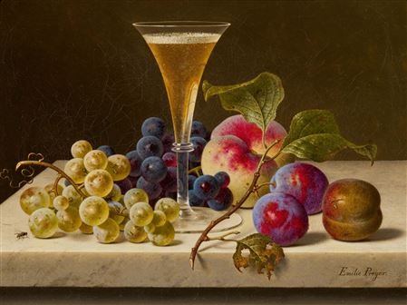 Emilie Preyer : Still Life with Grapes, Peach, Plums and a Champagne Flute