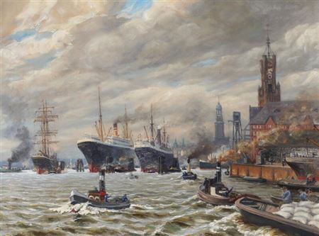 Max Gehlsen : Seascape from port of Hamburg with Hamburger Michel in the background