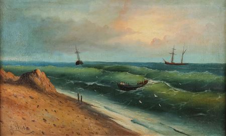 Nikolay Uvarov : Seascape with Boat Coming Ashore