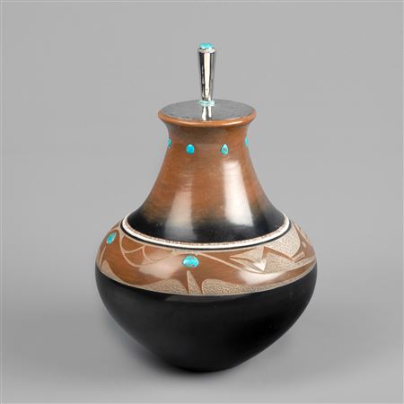 Tony Da : Turquoise Inlay Jar with Silver Lid