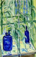 Christine Swane : Still life with blue bottles and plant on a tiled table