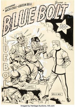 Al Plastino : Al Plastino Blue Bolt V4#1 (#37)  Cover Original Art (Novelty Press, 1943).