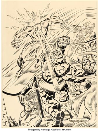 Rich Buckler : Rich Buckler and Joe Sinnott Fantastic Four #155 Silver Surfer vs. Thing Cover Original Art (Marvel, 1975)