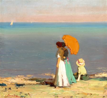 Janos Czencz : Seashore (The Orange Beach Umbrella), 1911