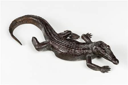 Antoine-Louis Barye (French, 1796–1875)
Crocodile, 1857
1 1/8 H. x 7 W. x 3 1/8 D. inches
Bronze, dark brown patina
Stamped underneath:  BARYE
Inscribed underneath: F.BARBEDIENNE PARIS