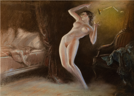 Everett Shinn
American, 1876 – 1953
Nude in Bedroom, circa 1930
Pastel on paperboard
15 1/2 x 21 1/2 in.

Provenance:
Estate of the artist
James Graham & Sons
ACA Masters Gallery
Chapellier Galleries, New York