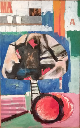 Melville Price, Untitled 1964 (M), oil on canvas + collage styrofoam, newsprint, graphite, wood, canvas. 62 x 39 1/2 in. Signed, dated, estate stamp verso.