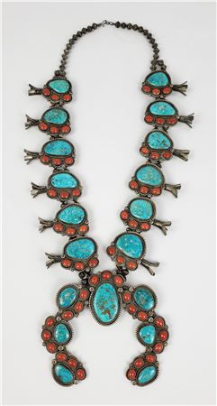 Large Turquoise Red Coral Squash Blossom Necklace. SOLD 2020 in Inaugural Montana Big Chief.