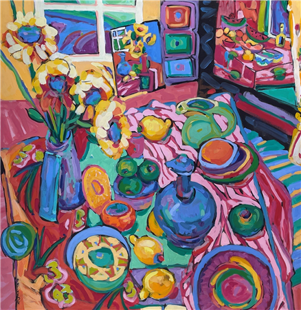 Patsy Evins Fruit Fancy 48 x 48 casein on canvas