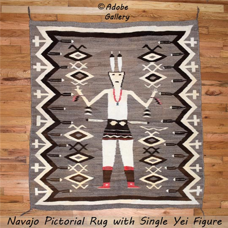 Item # C4730.33  Price: $6500
The Sacred Yei: A Glimpse into Navajo Textile Artistry
https://www.adobegallery.com/art/navajo-nation-pictorial-rug-yei-figure-textile
Remarkable artistry, with figure as central motif, the Yei, revered as the Holy People by the Diné of the Navajo Nation, hold a significant place in their cultural and spiritual practices.