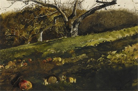 Andrew Wyeth (1917-2009)
Apple Orchard, 1963
Watercolor and oil on paper
11 ½ x 17 ¼ inches