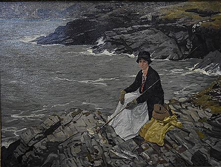 Algernon Mayow Talmage : 'The Bass fisher'', Young lady seated on rocks fishing