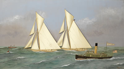 Thomas (TW) Willis : Reliance and Shamrock III race for the 1903 America's Cup, with spectators on the steamer 'Edward J Berwind' looking on, the Sandy Hook lightship in the distance