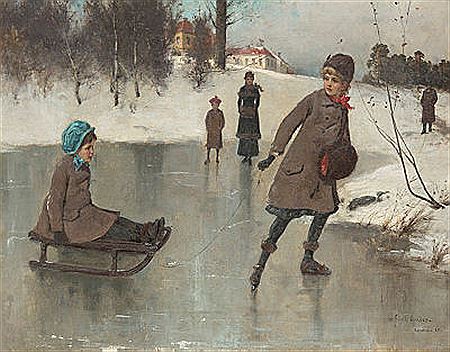 Axel Hjalmar Ender : Lek på isen ved Bogstad Gård, 1889