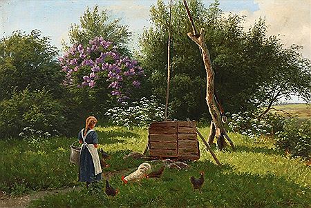 Alfred Larsen : A girl feeding chickens by a well.