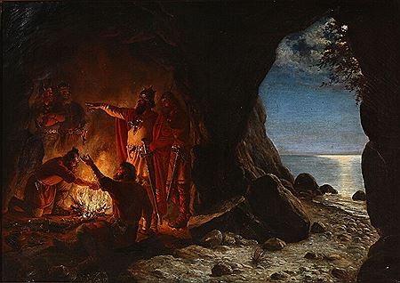 Anker Niels Lund : View from a cave with a group of vikings gathering around the fire.