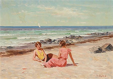 Kaj Holst : Beach view with young women sunbathing.