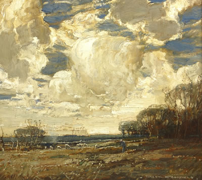 Kershaw Schofield : Landscape with Sheep under Heavy Clouds