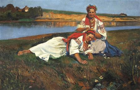 Theodor Grott : Two young women in Ruthenian or Ukrainian costume on the river bank