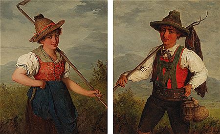 Josef Buche : Portrait of a Young Girl in Traditional Costume, and A Peasant on the Way to the Field (2)