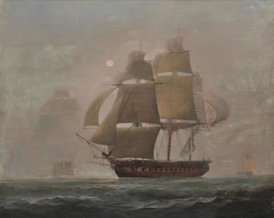 Charles Henry Seaforth : The American Frigate Constitution Bearing Up and Making Sail on Discovery of an English Three-Decker through the Fog