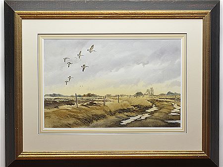 Henry Bell : Canada geese flying over farm ground