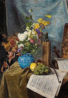 Mathilde Dietrichson : Still Life with winebottle, flowers and fruit