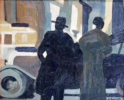 Howard Sewall : Untitled (Street Scene with Figures and Automobile)