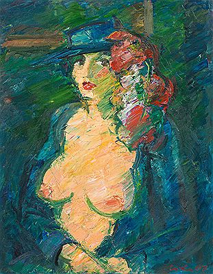 Viktor Lederer : Nude with hat and feathers