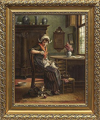 August Kaul : Peasant girl playing with cats in an interior Oil